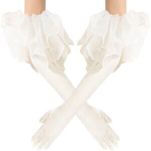 Women's Lvory Ruffled Puffy Velvet Tulle Cuff Long Satin Gloves Party Costume